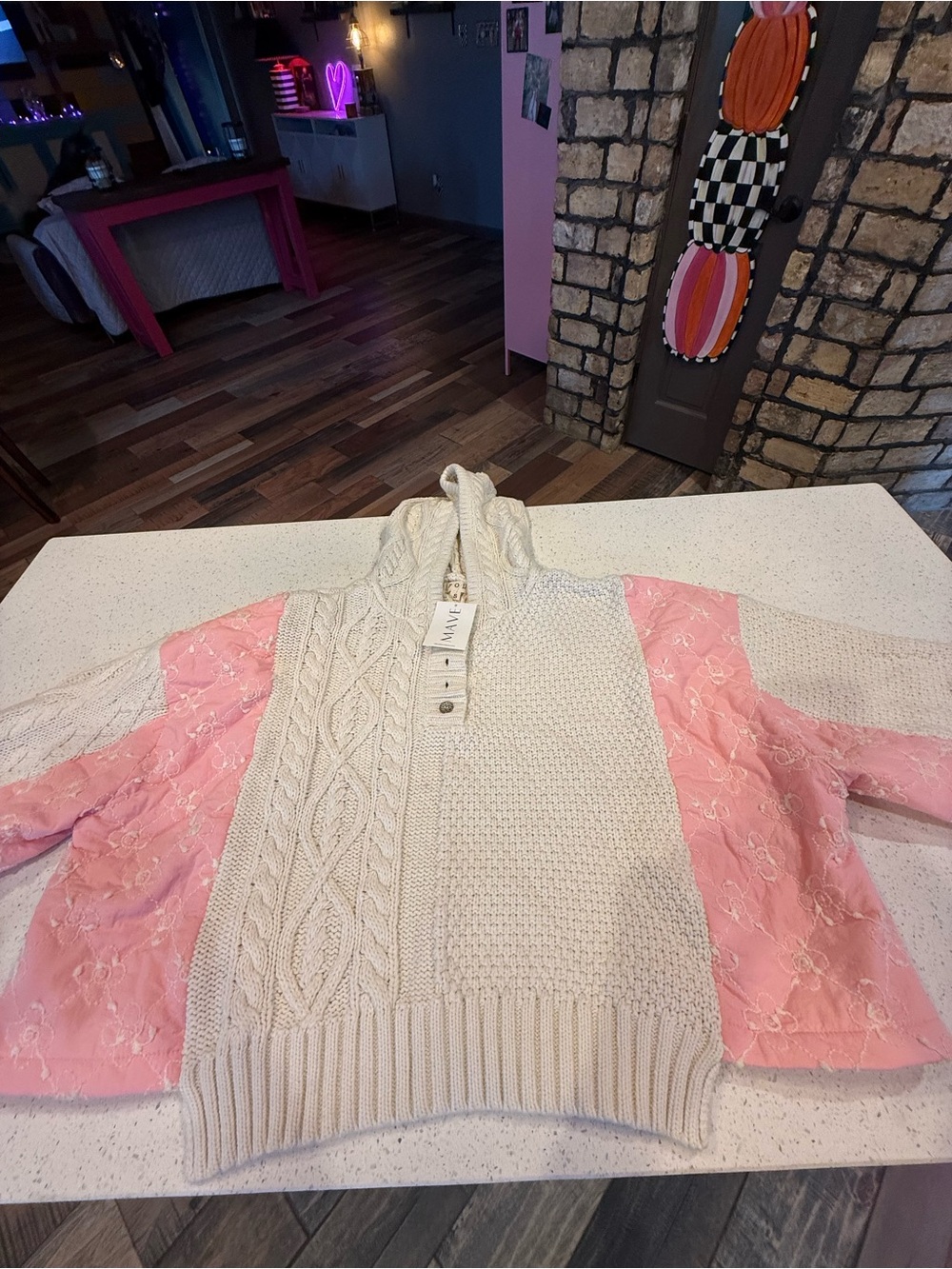 POL Cream Cable Knit Hoodie with Pink Lace Paneled Sleeves